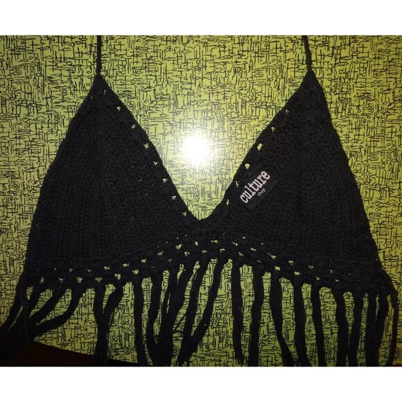 Vintage Black Crochet Triangle Bra Top w/ Fringe A to C cup boho festival goth - Picture 8 of 8